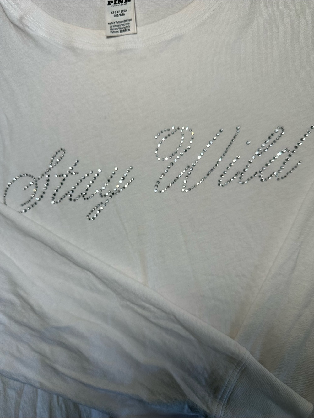 PINK White Long Sleeve Tee with Rhinestone Script - Picture 2 of 3